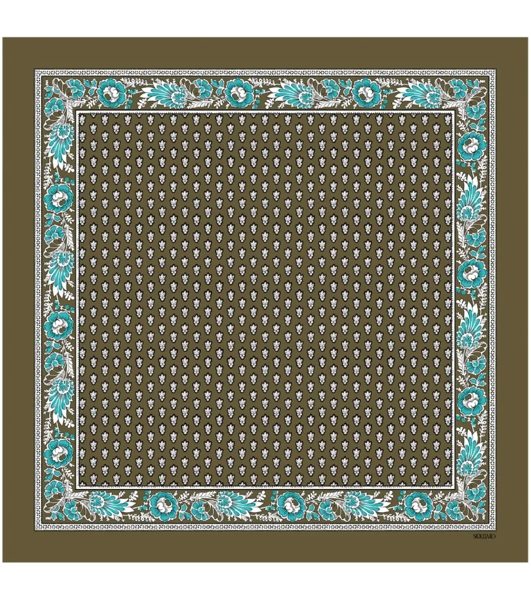 Femme Souleiado Carré Coton | Toute La Collection | Bandana coton MOUCHE kaki turquoise 60 x 60 cm