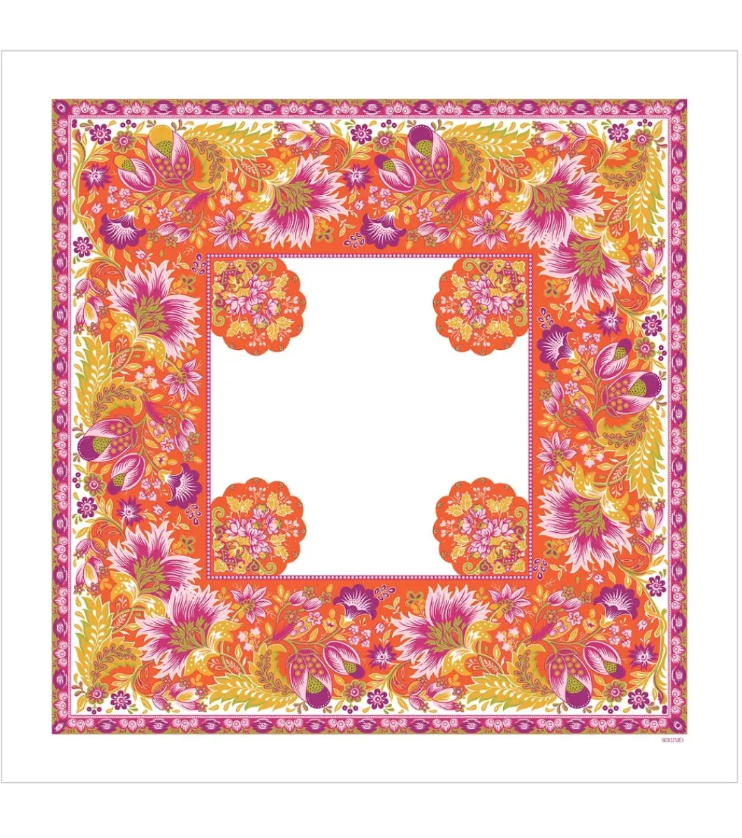 Femme Souleiado Carré Coton | Toute La Collection | Carré de coton TANTE ALICE écru et orange 90 x 90 cm