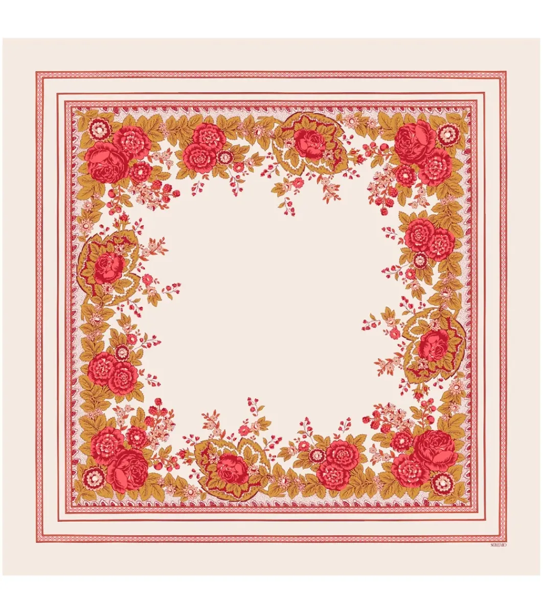 Femme Souleiado Carré Soie | Toute La Collection | Carré de soie ARLATEN écru corail 90 x 90 cm