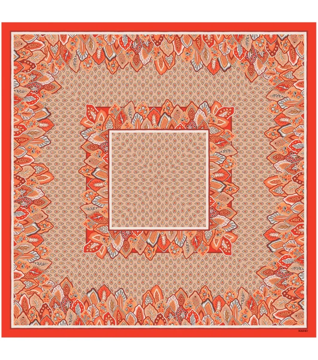 Femme Souleiado Toute La Collection | Foulards | Carré laine et soie PARADISO écru orange 90 x 90 cm