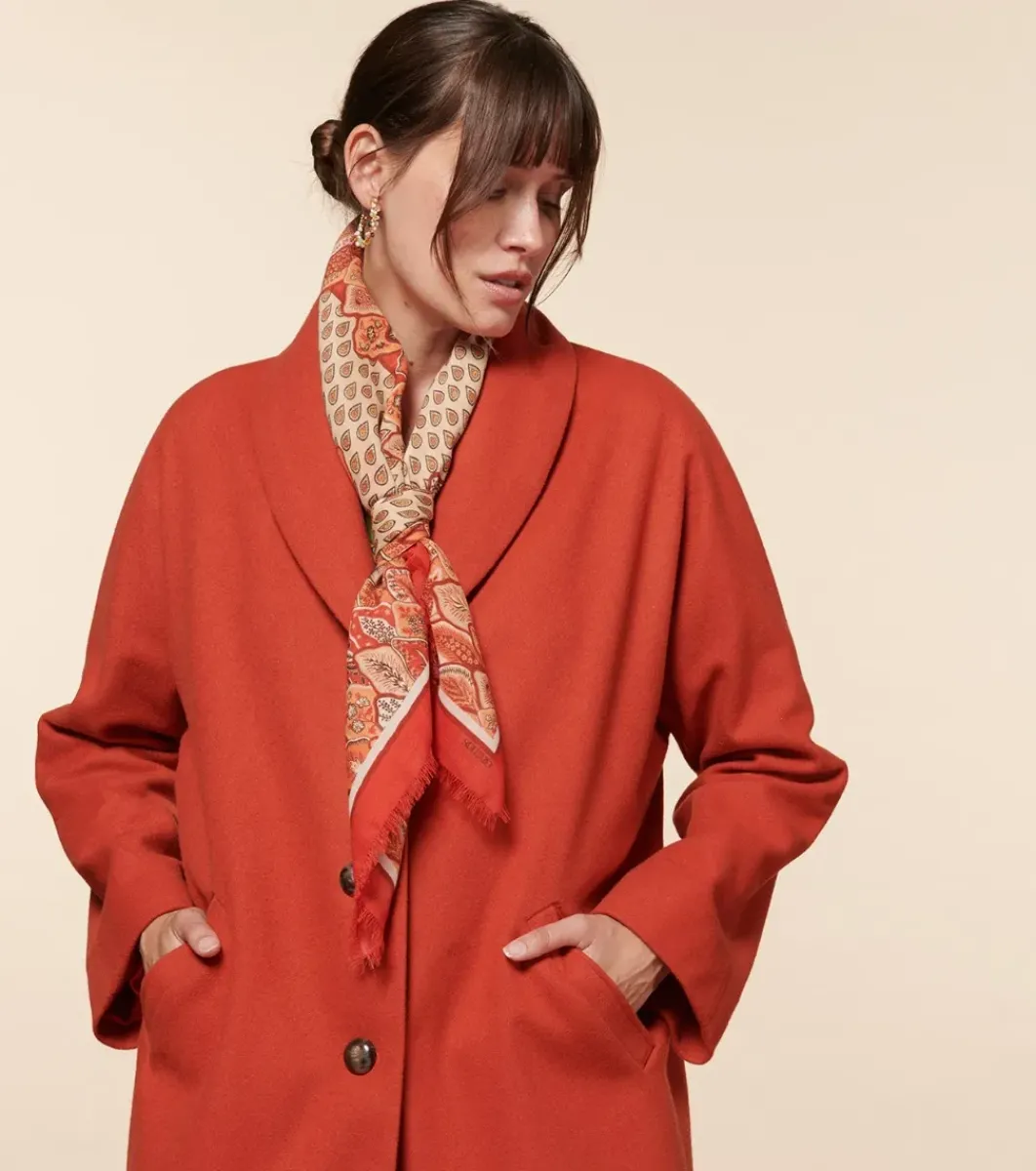 Femme Souleiado Toute La Collection | Foulards | Carré laine et soie PARADISO écru orange 90 x 90 cm