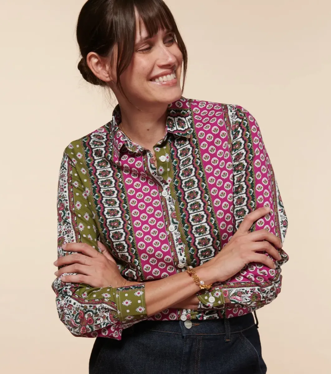 Femme Souleiado Chemises & Blouses | Chemise SLIM ELINA Bande Provençal fuchsia kaki