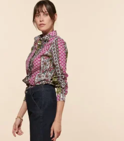 Femme Souleiado Chemises & Blouses | Chemise SLIM ELINA Bande Provençal fuchsia kaki