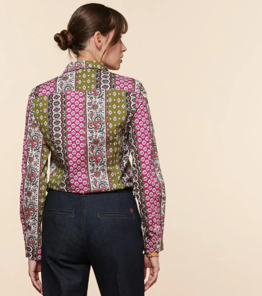 Femme Souleiado Chemises & Blouses | Chemise SLIM ELINA Bande Provençal fuchsia kaki