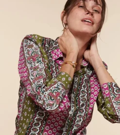 Femme Souleiado Chemises & Blouses | Chemise SLIM ELINA Bande Provençal fuchsia kaki