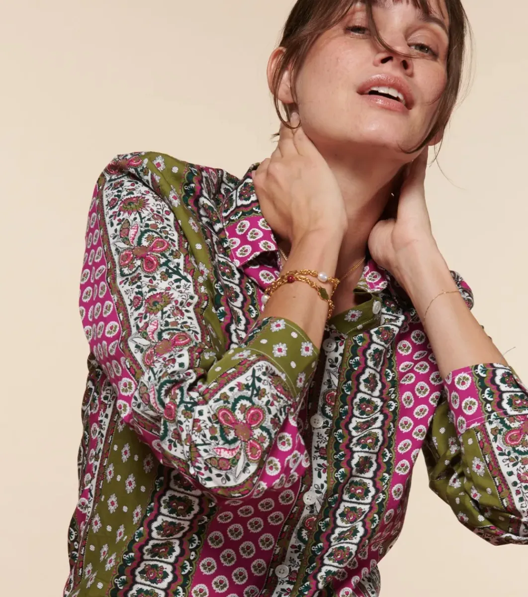 Femme Souleiado Chemises & Blouses | Chemise SLIM ELINA Bande Provençal fuchsia kaki