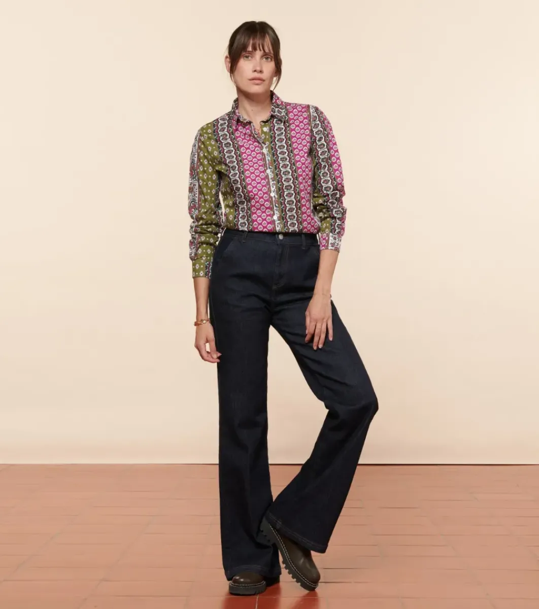 Femme Souleiado Chemises & Blouses | Chemise SLIM ELINA Bande Provençal fuchsia kaki