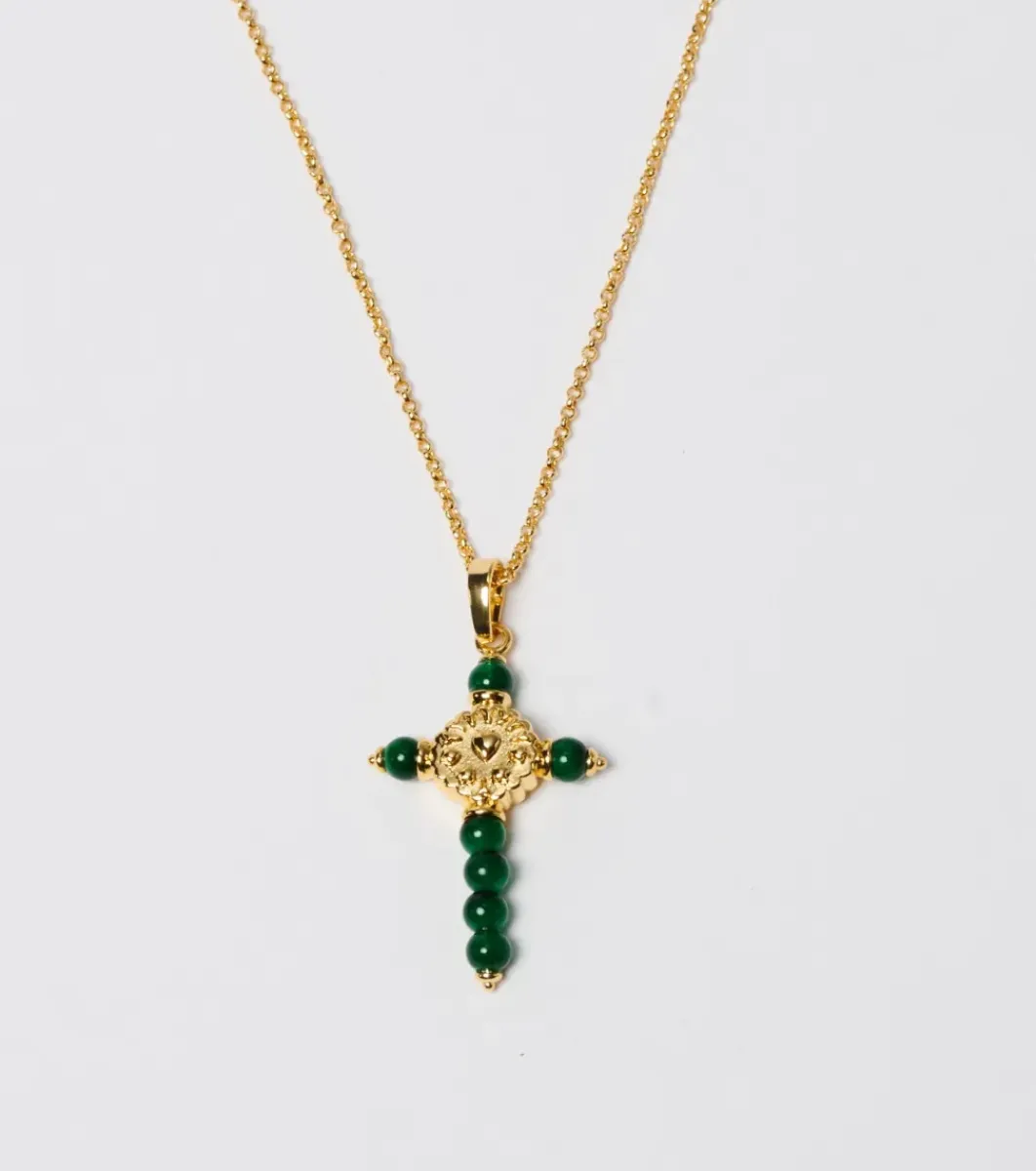Femme Souleiado Bijoux | Collier Croix Fleur d'Arles et perles émeraudes