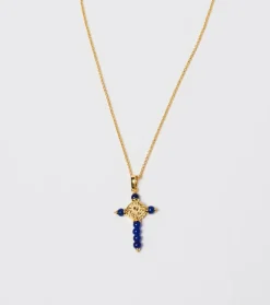 Femme Souleiado Bijoux | Collier Croix Fleur d'Arles et perles bleu lapis
