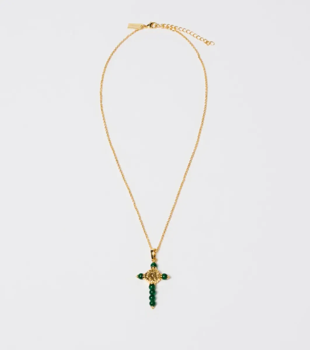 Femme Souleiado Bijoux | Collier Croix Fleur d'Arles et perles émeraudes