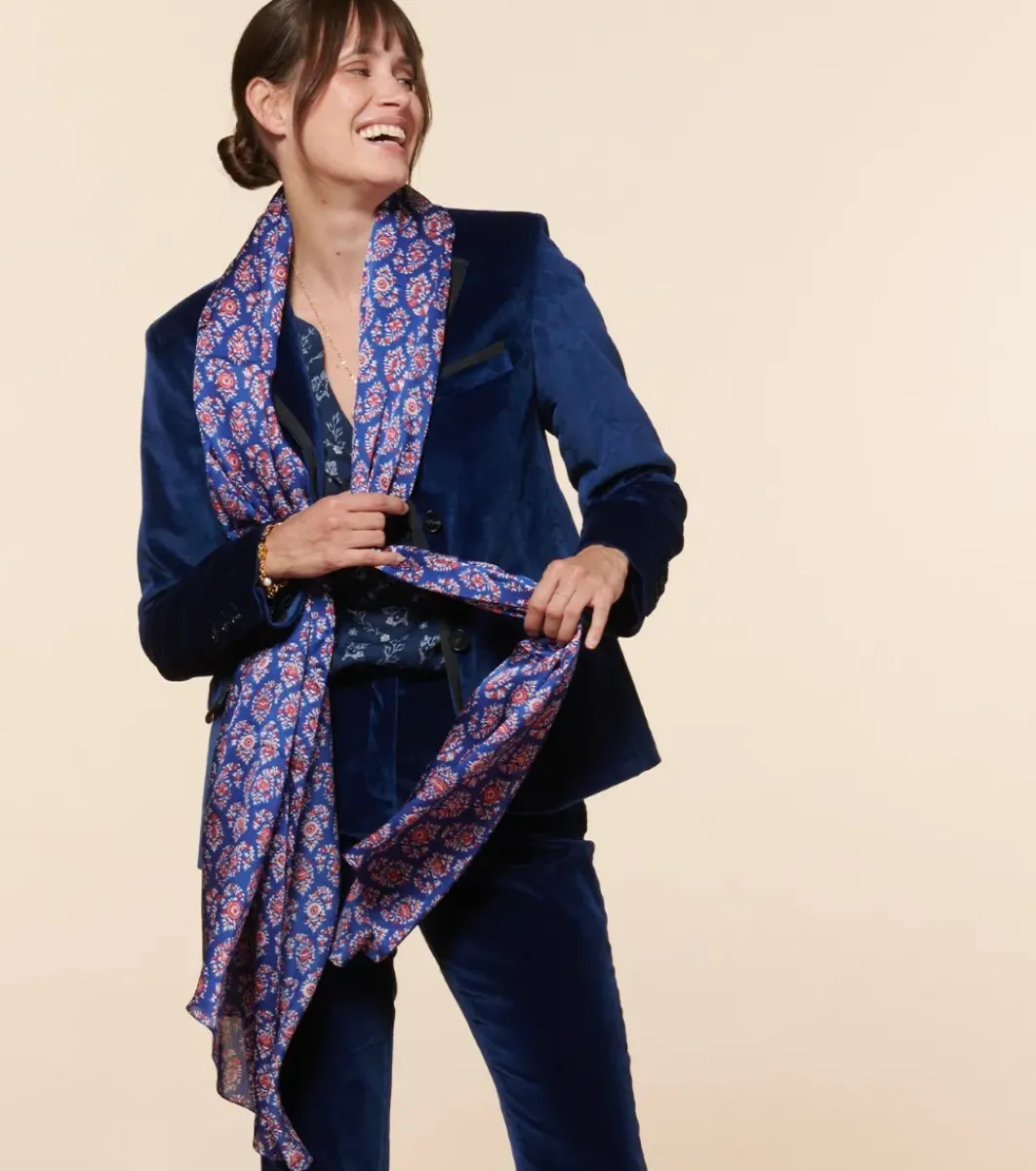 Femme Souleiado Étole | Toute La Collection | Etole soie PONDICHERY bleu rose 70 x 120 cm