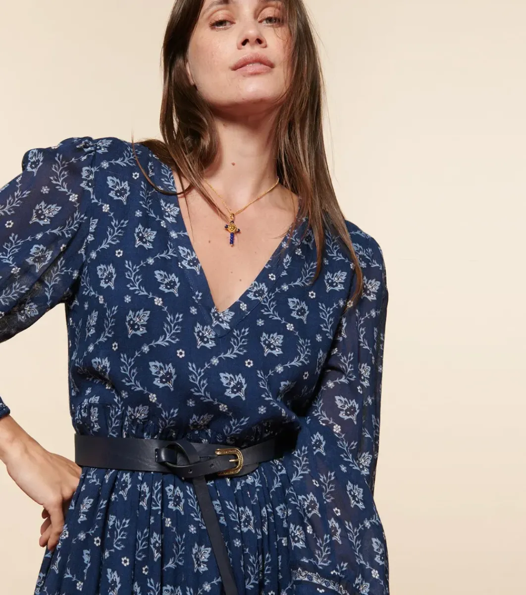 Femme Souleiado Robes | Robe DINA Feuille de Vigne marine ciel