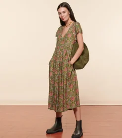 Femme Souleiado Robes | Robe JACQUELINE Persepolis kaki fuchsia