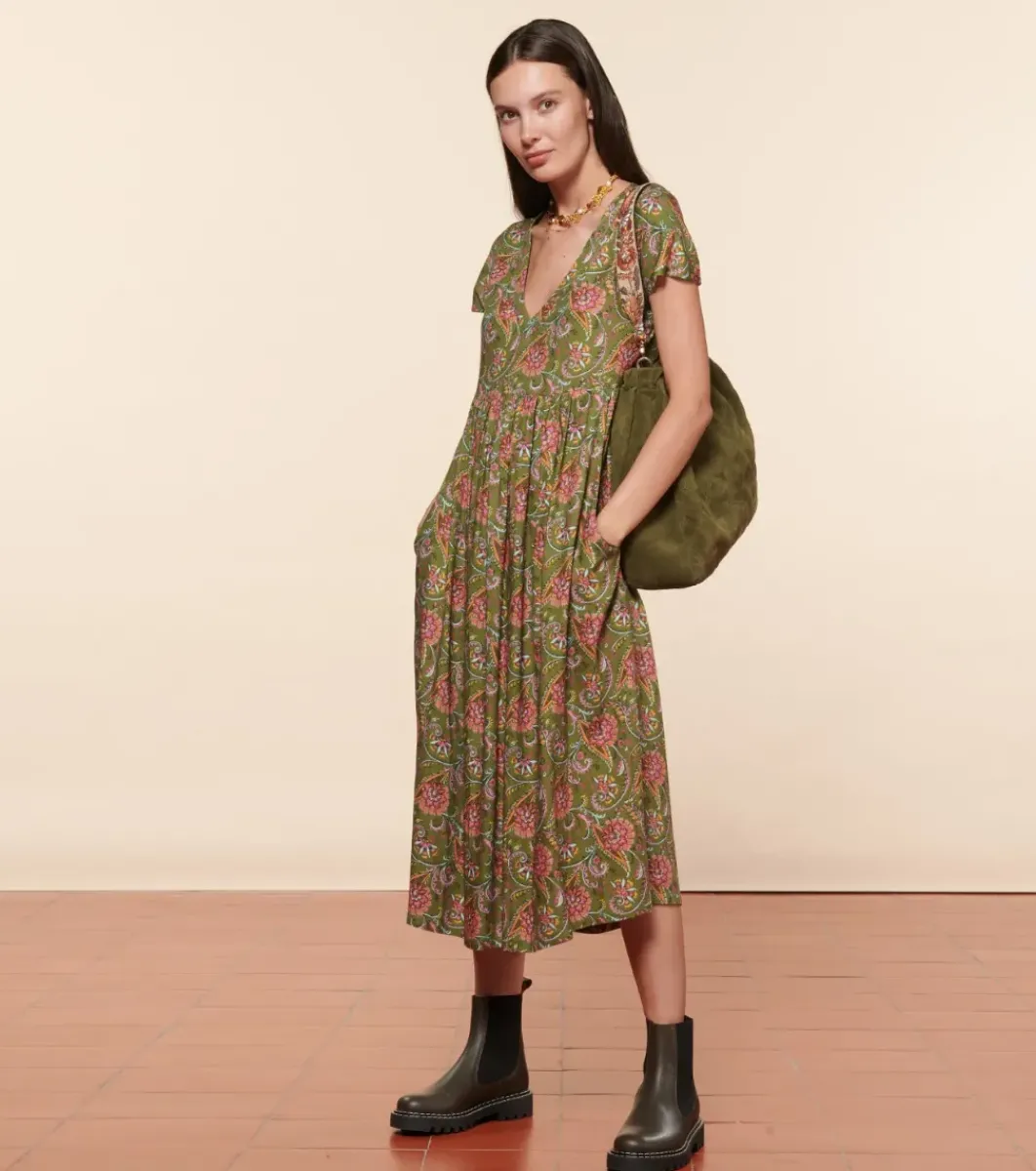 Femme Souleiado Robes | Robe JACQUELINE Persepolis kaki fuchsia