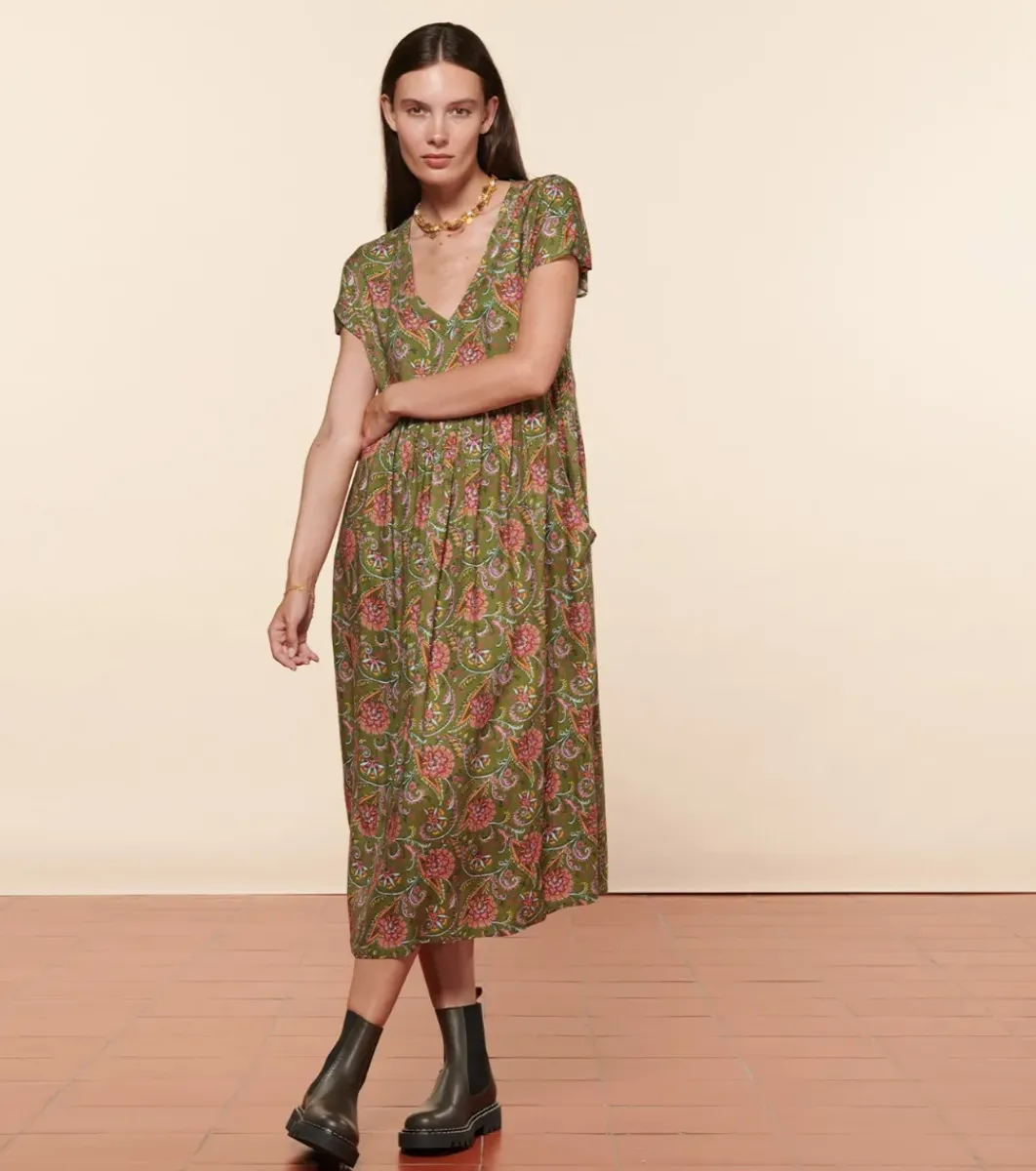 Femme Souleiado Robes | Robe JACQUELINE Persepolis kaki fuchsia