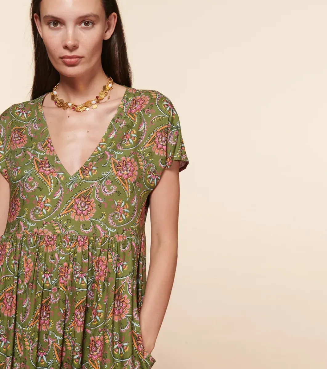 Femme Souleiado Robes | Robe JACQUELINE Persepolis kaki fuchsia