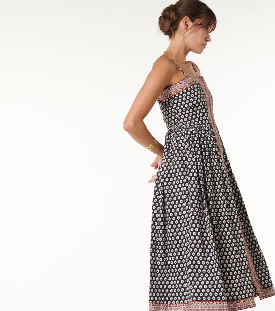 Femme Souleiado Robes | Robe JEANNETTE Fleur de Maussane noire fuchsia