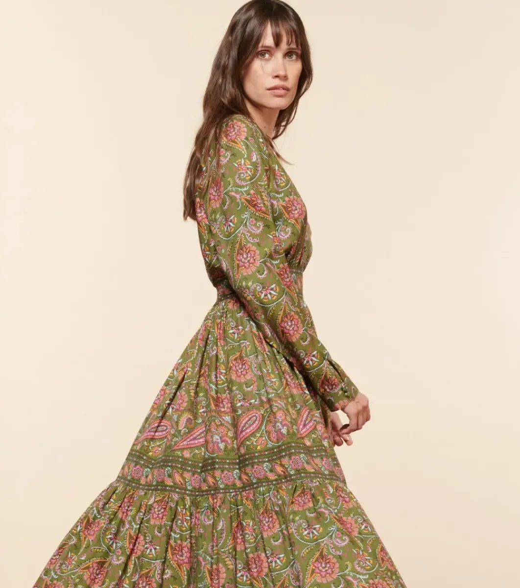 Femme Souleiado Robes | Robe TALINA Persepolis kaki fuchsia