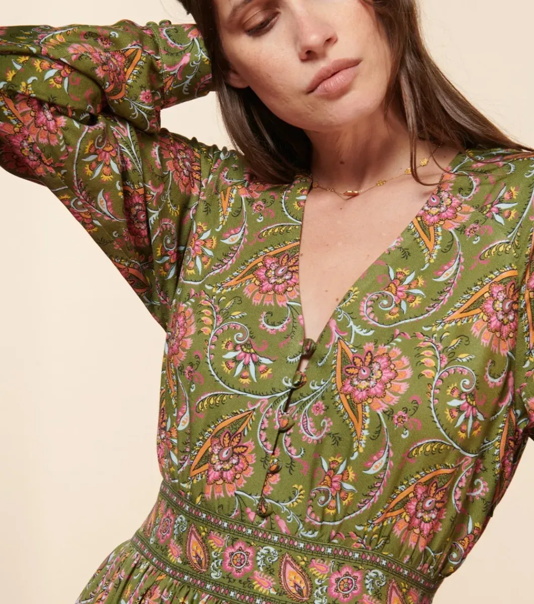 Femme Souleiado Robes | Robe TALINA Persepolis kaki fuchsia
